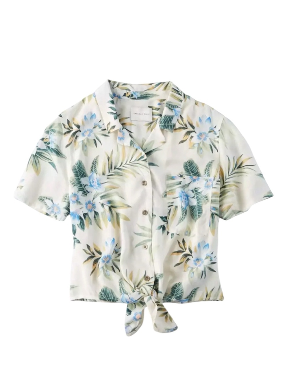 Medium American Eagle Cream Cropped Tropical Tie Front Button Up Top - Picture 1 of 16
